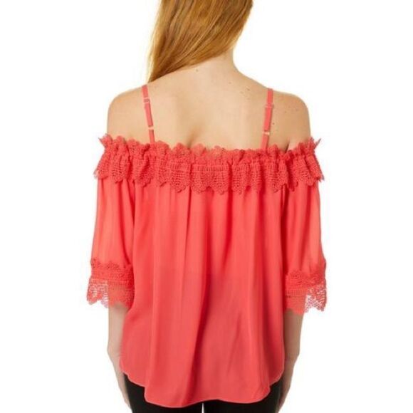 NEW Coral Pink Lace Trim Tie Front Top Blouse - Picture 2 of 15